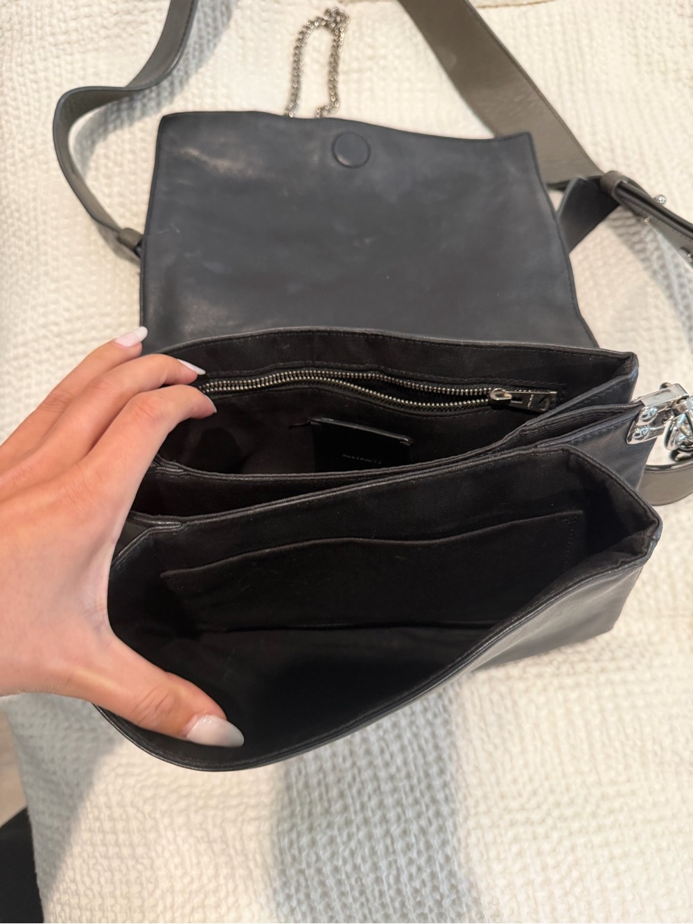 AllSaints Black Leather Flap Crossbody Bag | Wide Adjustable Strap - Picture 4 of 6